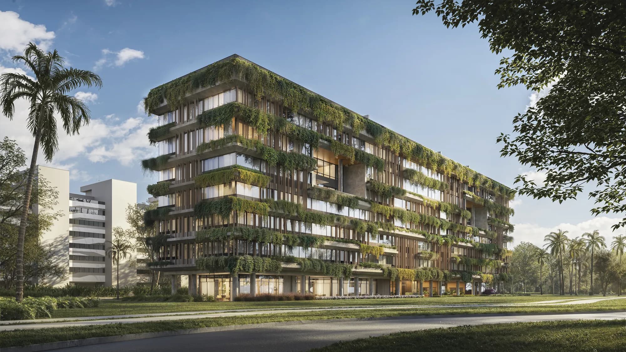 Fachada biofílica do ICON, novo edifício da BASE na Quadra 500 do Sudoeste