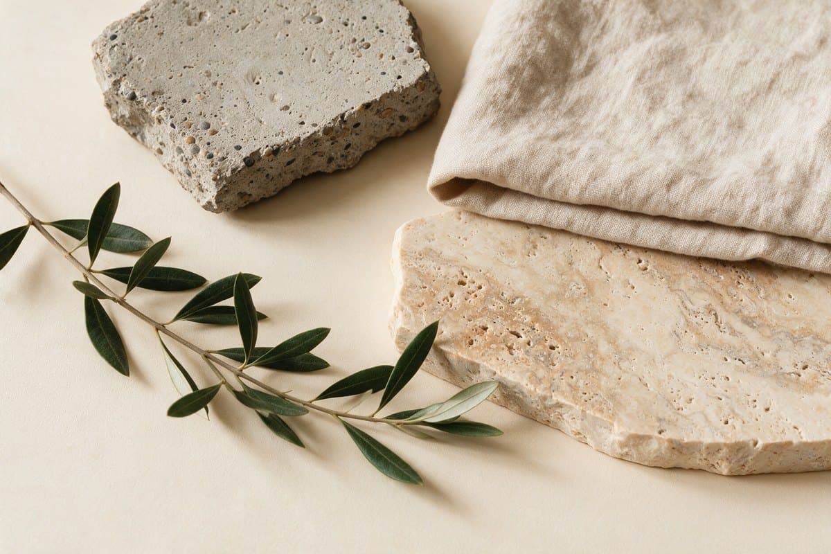 Materiais: travertino, linho e oliveira